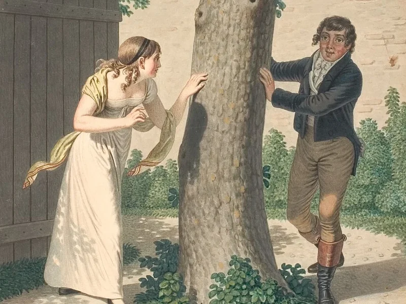 1780-Johannes Senn - Un giovane e una ragazza stanno giocando a nascondino